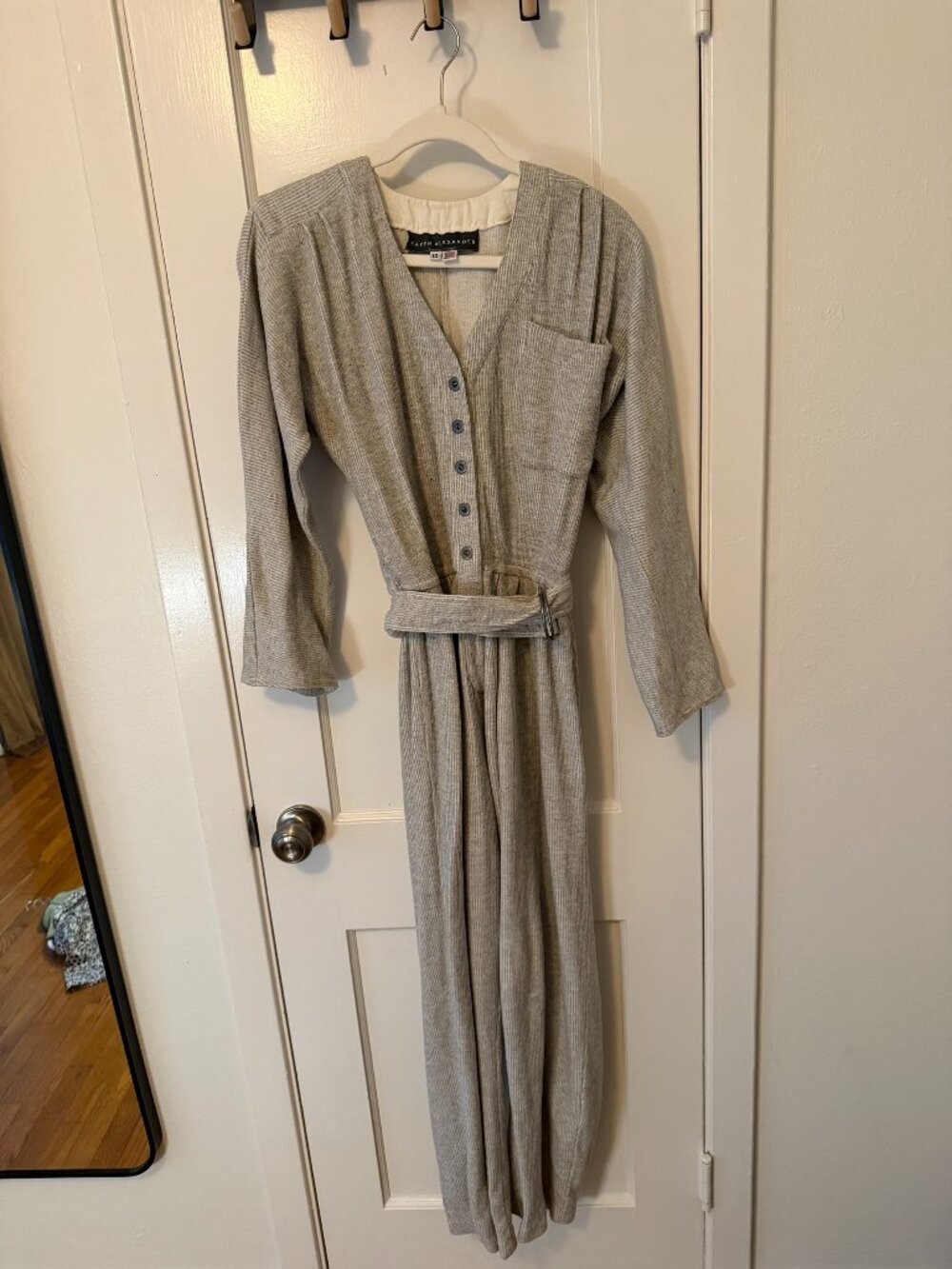 Vintage 80s Karen Alexander Gray Ribbed Belted Jumpsuit Made in USA